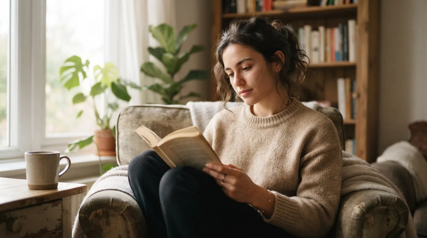 a person reading a book in a cozy setting
