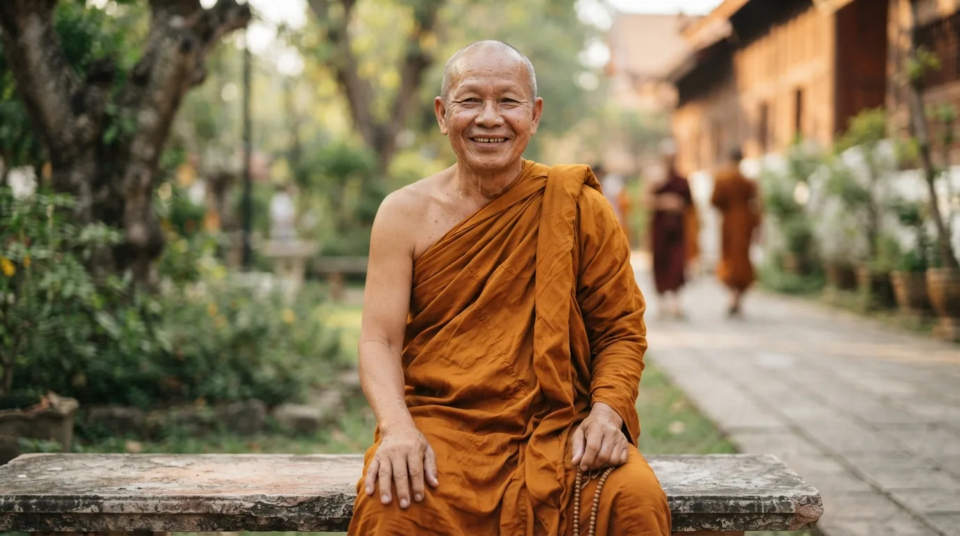 a smiling Buddhist monk in orange robes