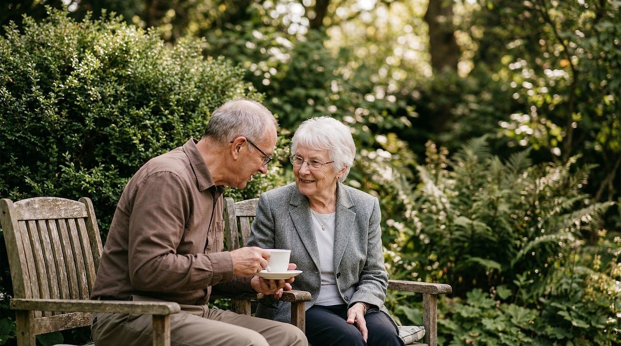 elderly, couple, garden, conversation, outdoors, companionship, retirement, peaceful, teacup, sitting, nature, leisure, seniors, connection, smiling, friendship, tranquility, afternoon, lifestyle, interaction, ai generated