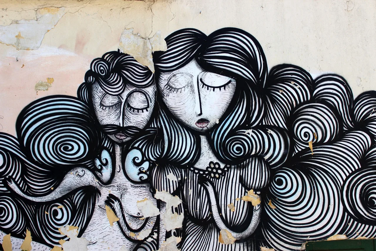 graffiti, atena, włosy, kobieta, facet, plan, dama, obraz, ściana, street-art