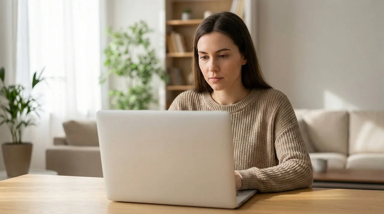 kobieta, laptop, praca w domu, praca zdalna, domowe biuro, nauka online, student, wolny strzelec, cyfrowy nomada, technologia, młody dorosły, koncentruje, codzienny, przytulny, nowoczesne wnętrze, salon, pisanie na maszynie, przeglądanie, wydajność, edukacja, biznes, styl życia, wygodna, ai generowane