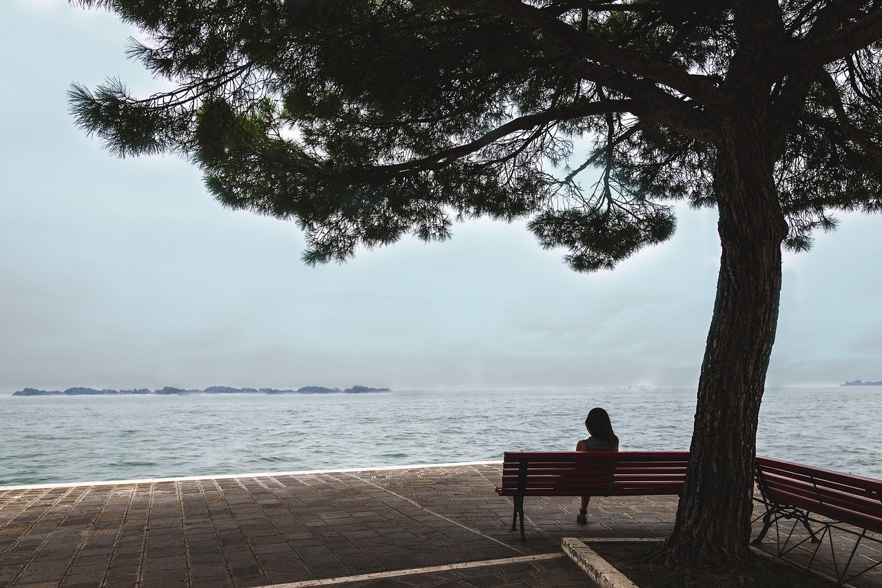 woman, bench, sea, tree, person, thinking, rest, relaxation, leisure, silent, park, coast, ocean, nature, view, mood, venice, thinking, thinking, thinking, thinking, thinking, rest, silent, silent