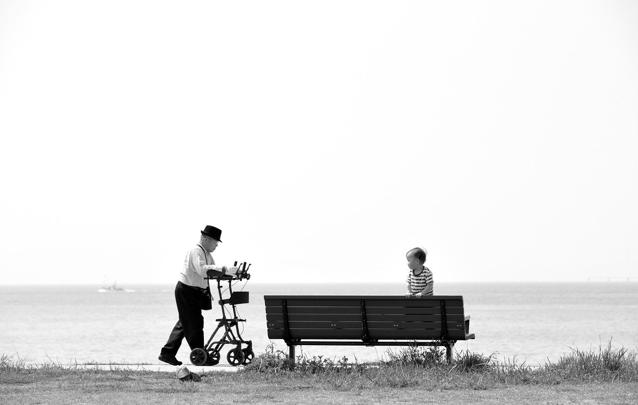 child, grandpa, beach, coast, nature, grandfather