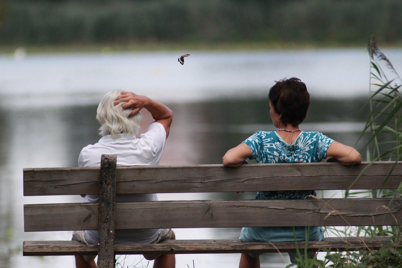 few, woman, man, bank, lake sit, romantic, meet, relationship, butterfly