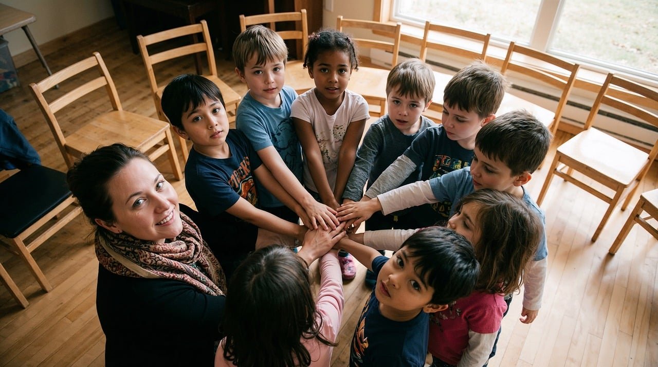 children, group, hands, circle, unity, cooperation, teamwork, adult, teacher, diverse, indoor, classroom, chairs, smiles, expressions, focus, belonging, together, innocence, photo, ai generated