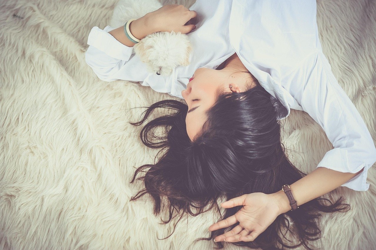 girl, sleep, lying down, dog, pet, animal, owner, asian, asian woman, young woman, upside down, asleep, sleeping, sleeping woman, female, woman, dreaming, portrait, resting, relax, dream