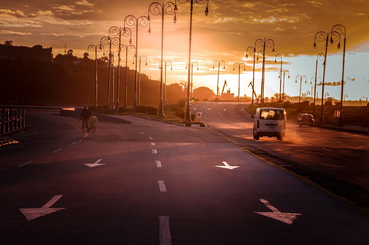 sunset, roads, traffic, cars, vehicles, street, street lamps, nature, street lights, arrows, sunrise, cuba, havana, city