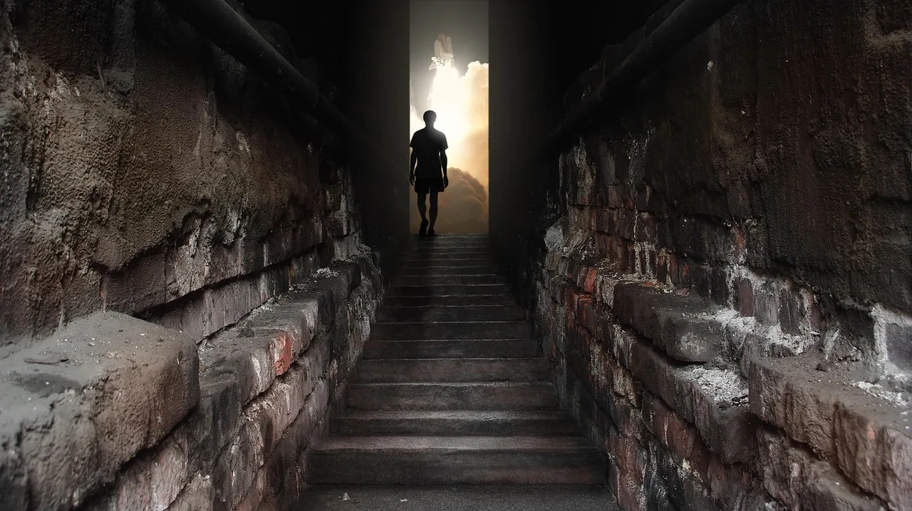 man, silhouette, stairs, mysterious, darkness, gloom, fear, lonely, bricks, concrete, staircase, basement, building, shuttle, spaceship, space shuttle, clouds, rocket launch, bunker, tapeta hd, stones, photomontage, wallpaper