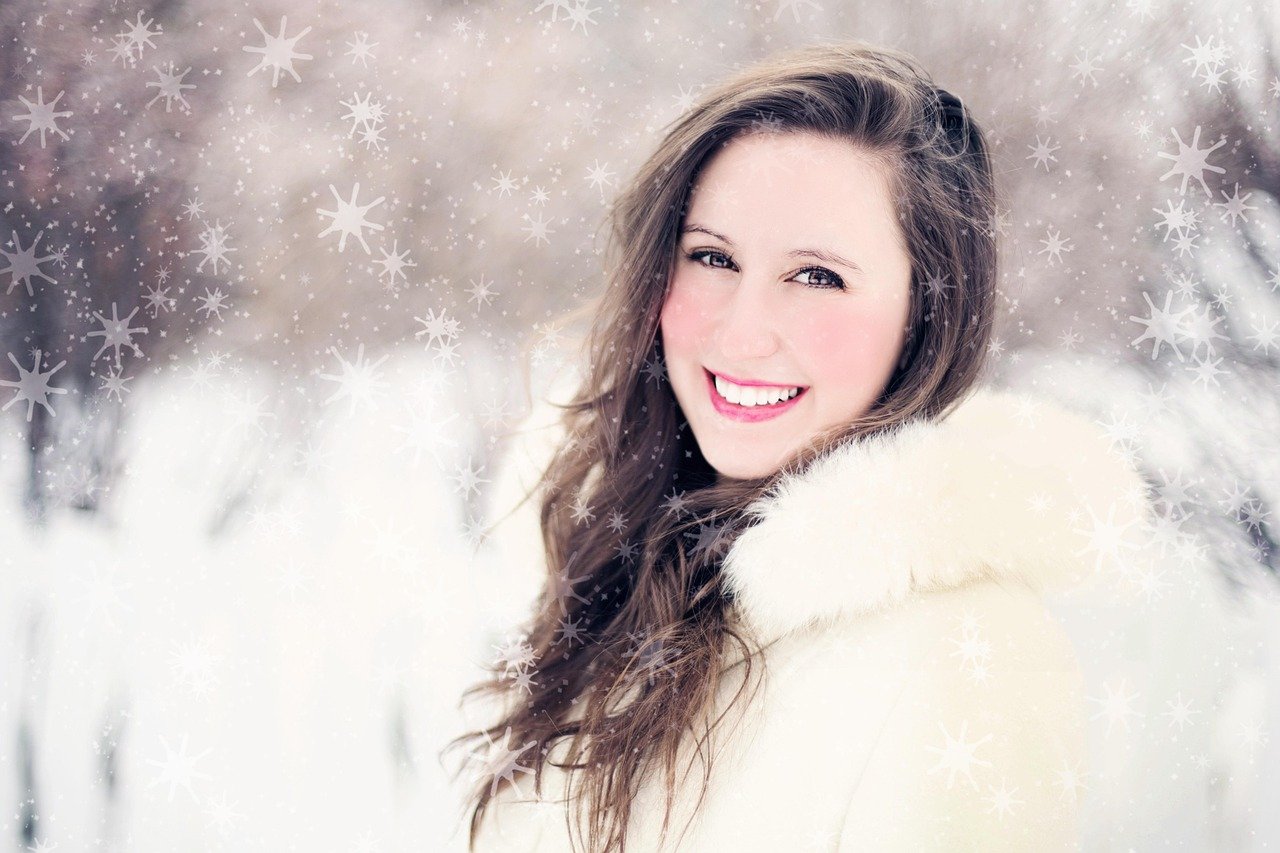 woman, snow, winter, nature, portrait, snowflakes, smiling, cold