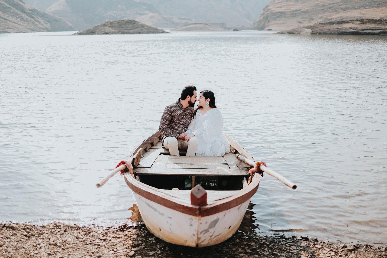 couple, boat, shore, lake, nature, coast, love, portrait