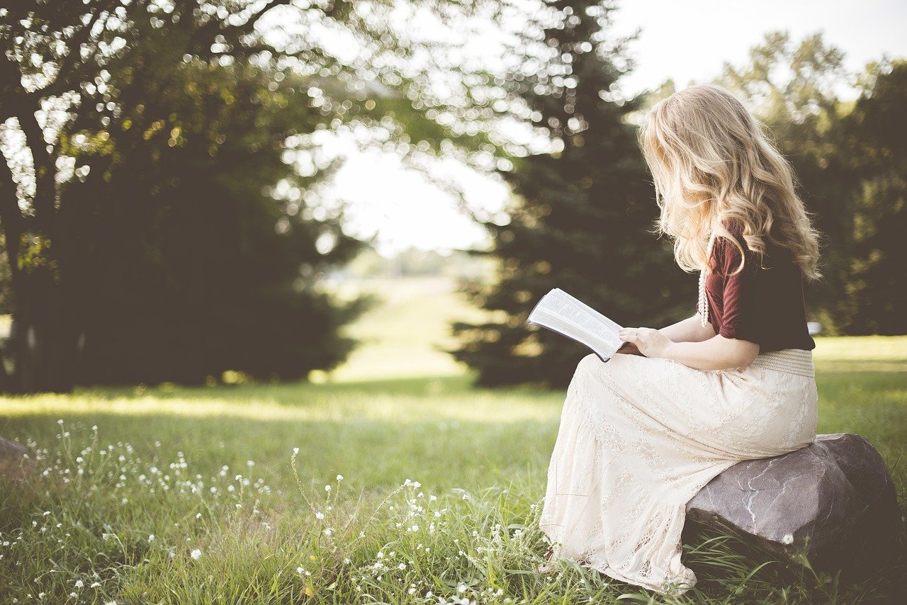 blonde, girl, book, nature, reading, sit, sitting, young woman, reading a book, reading girl, grass, outdoors, woman