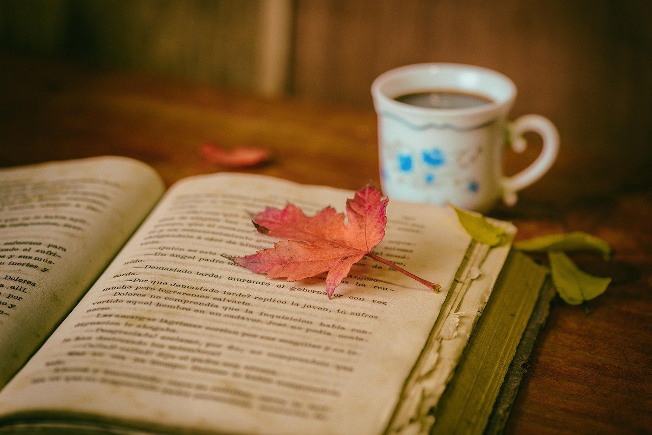 leaves, coffee, cup, still life, nature, book, reading, leisure, hobby, read, open book, coffee cup, bookworm