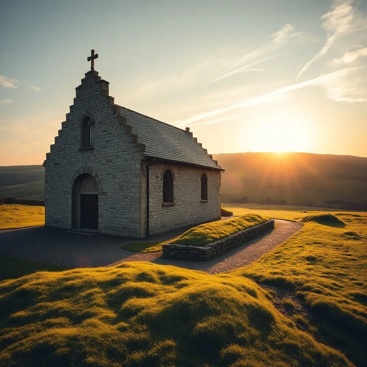 kościół, zachód słońca, krajobraz, zielona trawa, krzyż, budynek z kamienia, religia, architektura, natura, góry, światło słoneczne, wieś, spokojny, błękitne niebo, cichy, czeska wieś, miejsce pielgrzymkowe, atrakcja turystyczna, budynek zabytkowy