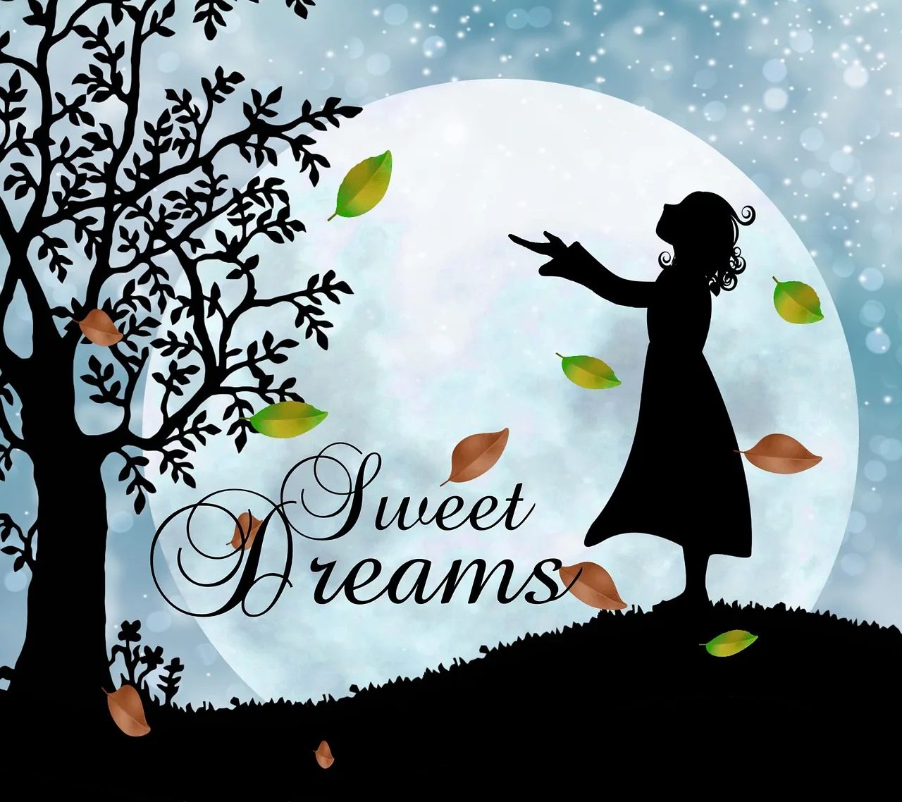 życzenie, śnić, dobranoc, sweet dreams, fantazja, fikcja, sylwetka, kontury, natura, dziewczynka, księżyc, drzewo, łąka, spadek, odchodzi, spadające liście, wiatr