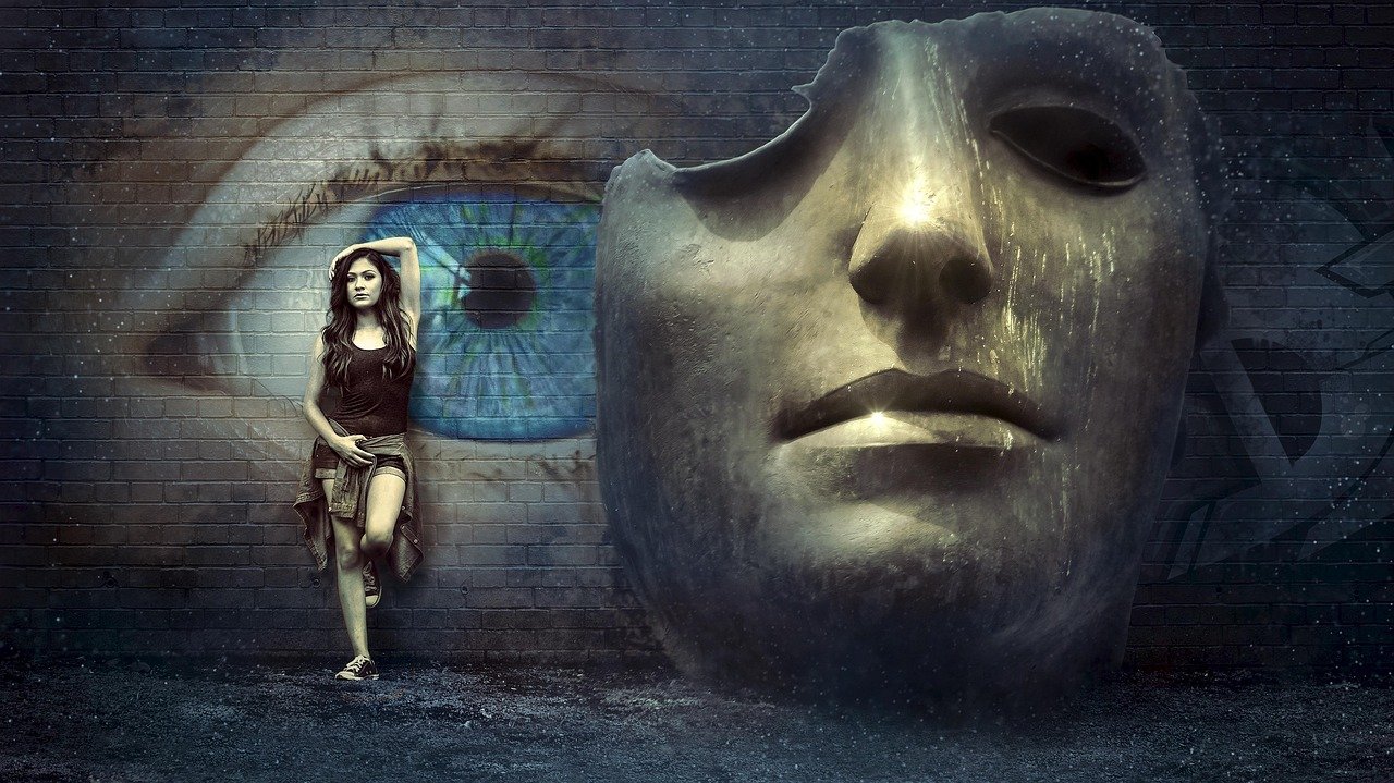fantasy, surreal, mask, wall, eye, mysticism, girl, mood, mystical, mysterious, graffiti, face, art, statue, woman, sculpture, ajar, female, artwork, bronze statue, head, fantasy, mask, mask, eye, girl, art, art, art, art, art