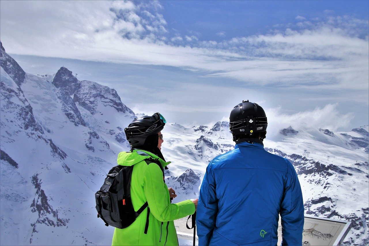 couple, zermatt, nature, snow, winter, outside, ice, adventure, panoramic, ski, the alps, the person, skiers, together, conversation, landscape, winter dream, switzerland, blue sky, two, colorful, helmet, backpack, accessories, distant view, sky, tops, alpine, blue, relaxation, rest, passion, tourism, jacket, clouds, high, fairy-tale winter, delight