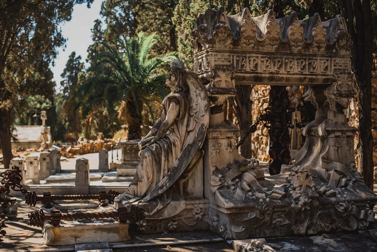 hiszpania, barcelona, montjuïc, cemetery, crypt, angel, statua, family, catholics