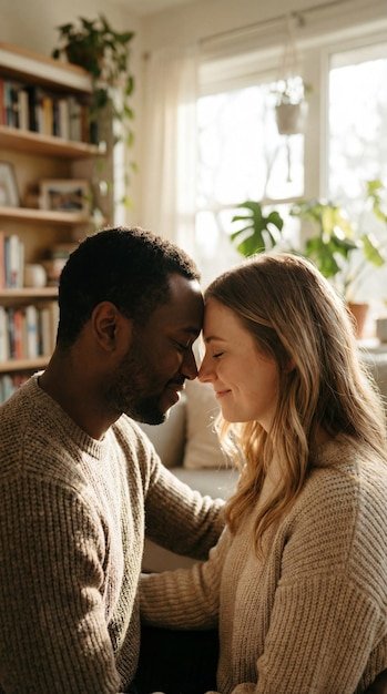 A loving interracial couple sits face to face touching foreheads in a sunny living room The intimate scene conveys warmth and connection Perfect for relationship or lifestyle concepts