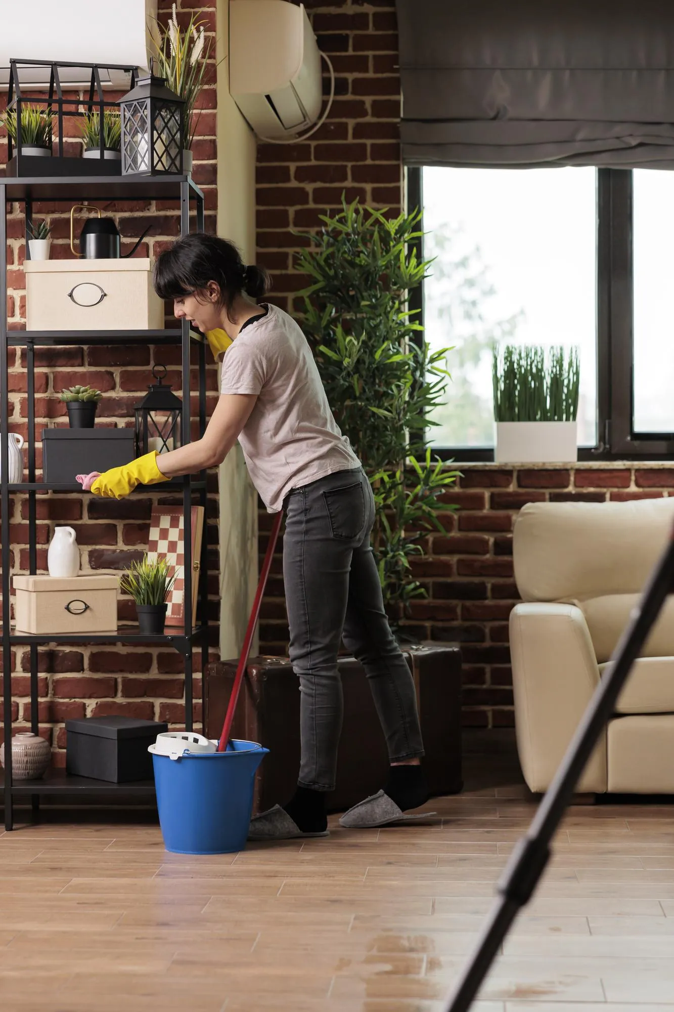 Modern woman tidying apartment on day off from work, taking advantage of the time to do spring cleaning. Doing household chores with dedication to renew energies at home.