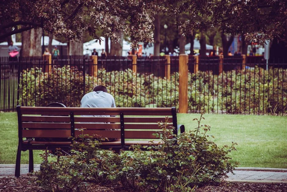 A person sitting alone on a park bench, surrounded by greenery in an urban park setting.