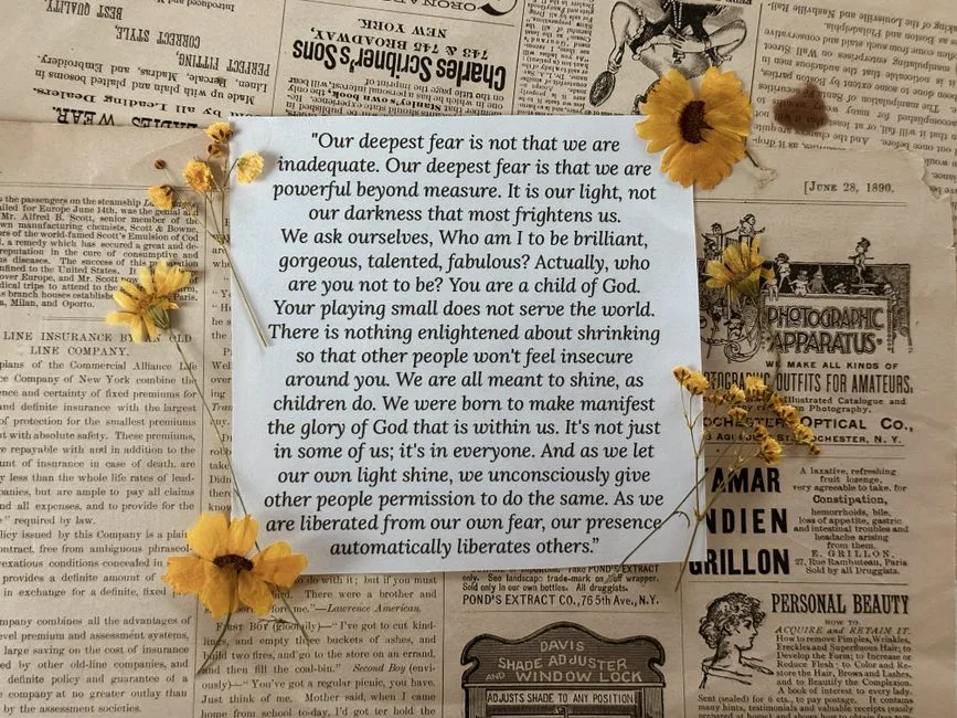 Inspirational quote surrounded by yellow flowers on a vintage newspaper background, evoking nostalgia and motivation.