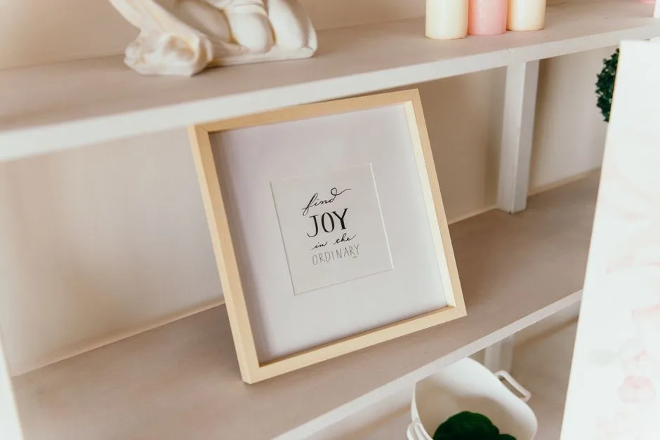 Wooden frame with quote 'Find Joy in the Ordinary' on a shelf with decor items.