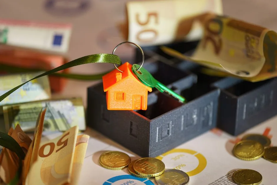 Image depicting real estate investment with keychain, euros, and financial charts.