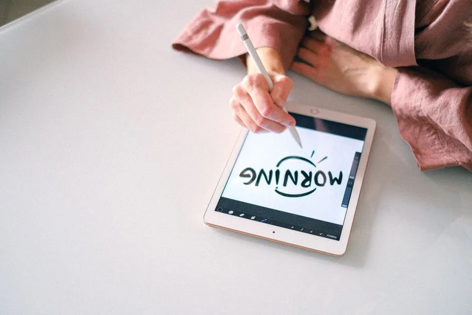 A person using a stylus to write 'Morning' on a tablet, showcasing modern technology use.