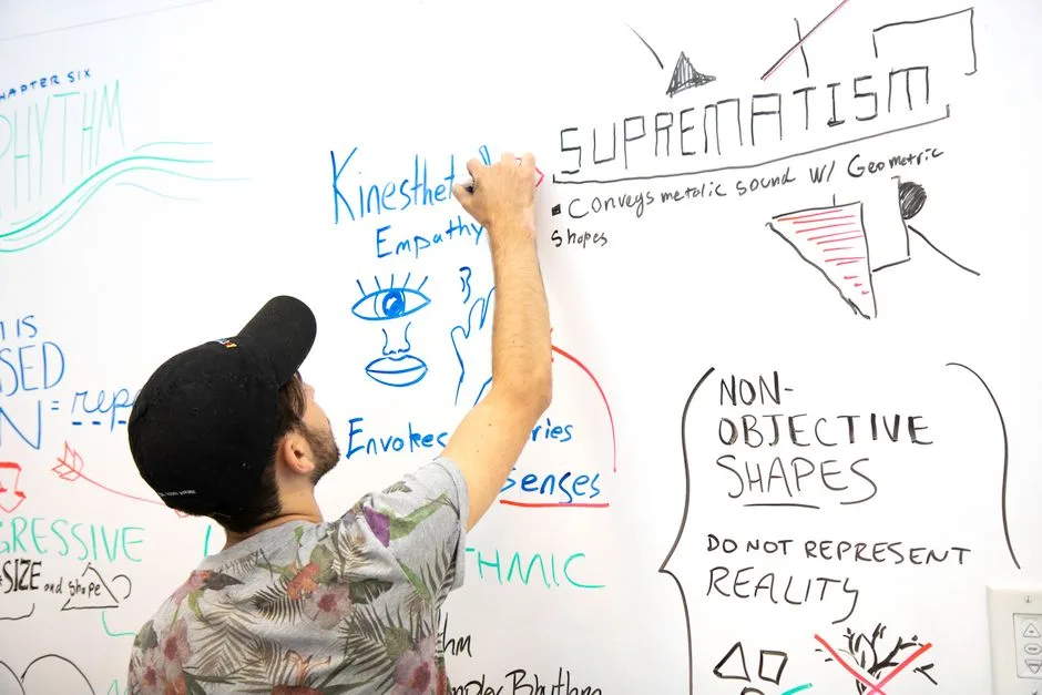 A man engages in brainstorming, writing on a whiteboard filled with creative ideas and sketches.