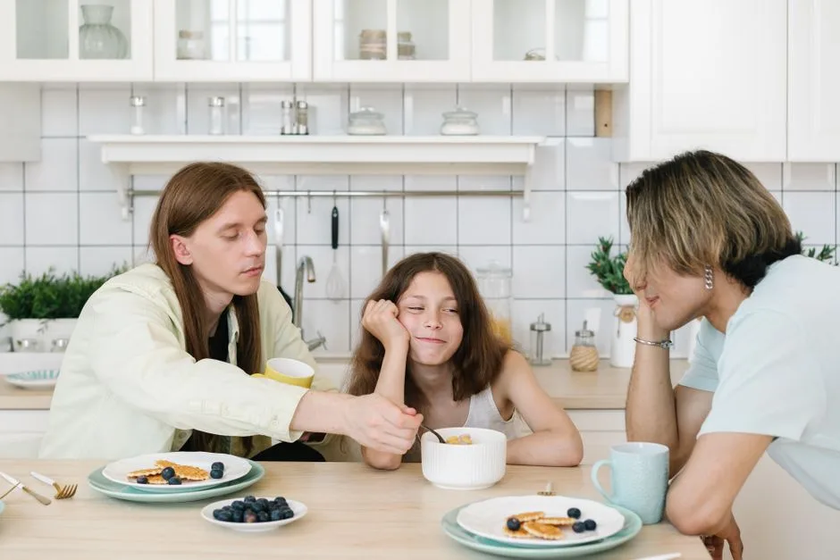 Casual family breakfast in a bright kitchen setting, fostering togetherness.