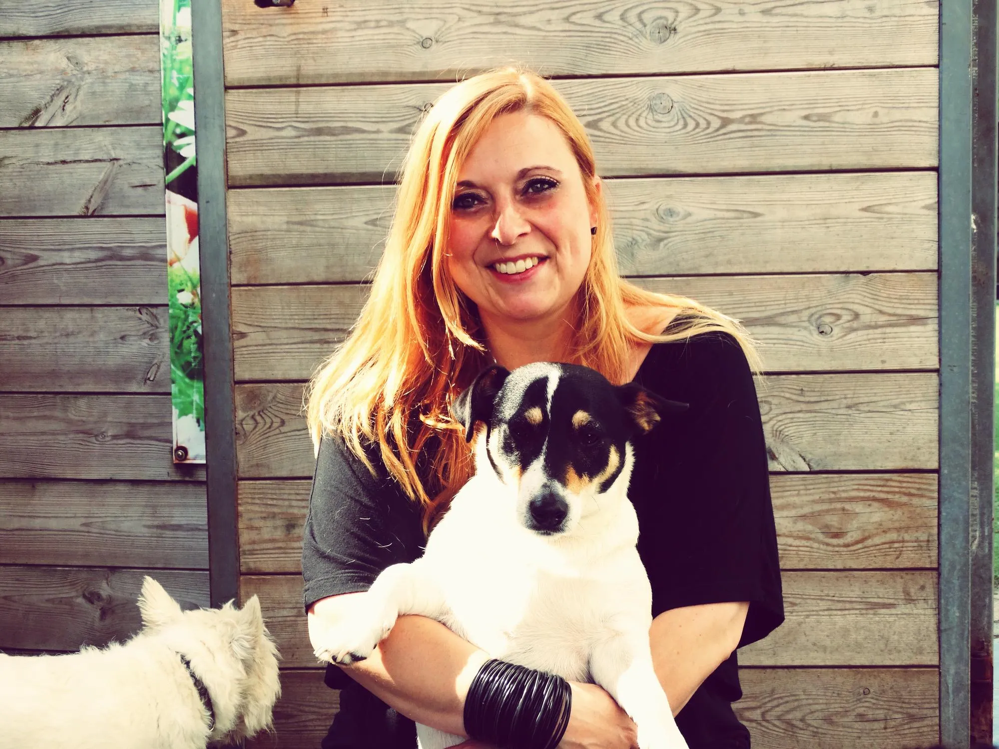 Portrait of woman with dogs against fence