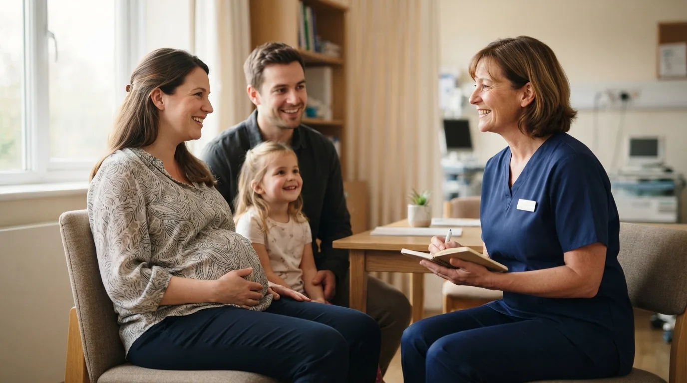 a midwife talking with a pregnant woman and her family