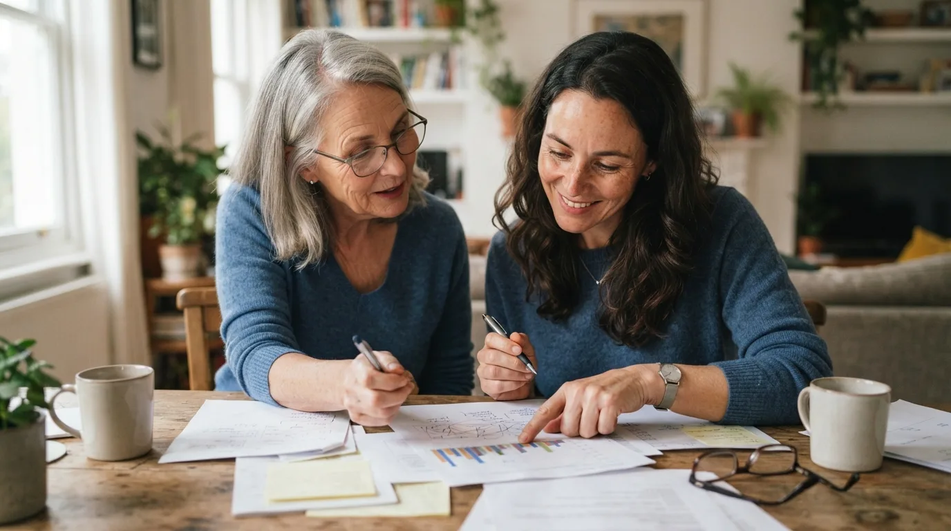 a parent and adult child sitting at a table with papers