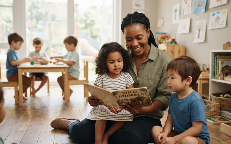 a caregiver with children in a daycare setting