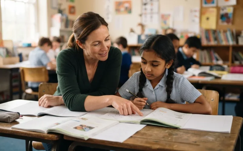 a teacher working one-on-one with a student at a desk