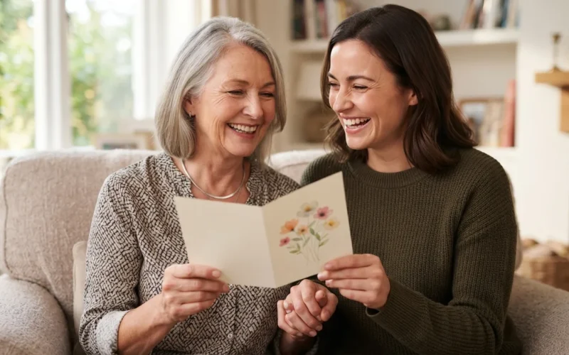 an adult child and a parent smiling together with a greeting card
