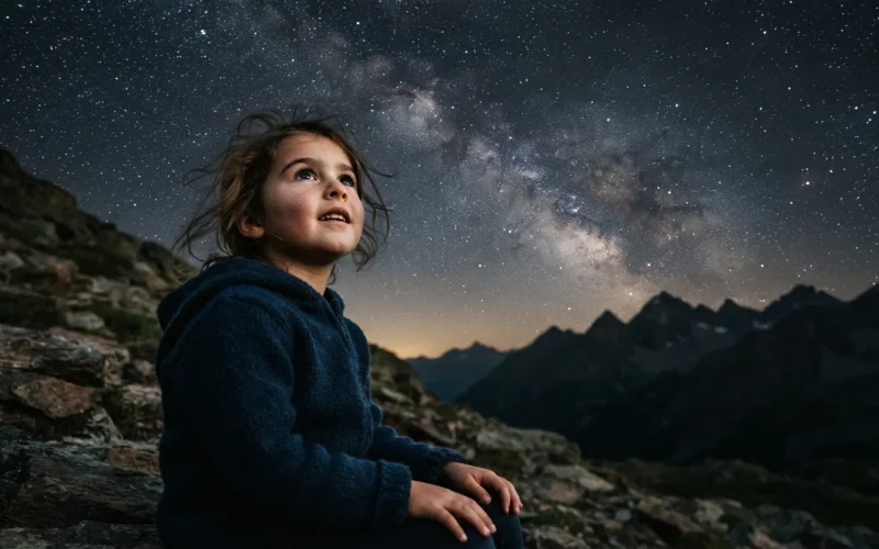 a child looking at a starry sky