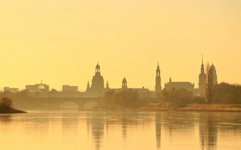 rano, świt, natura, krajobraz, sunrise, odbicie, miasto, drezno