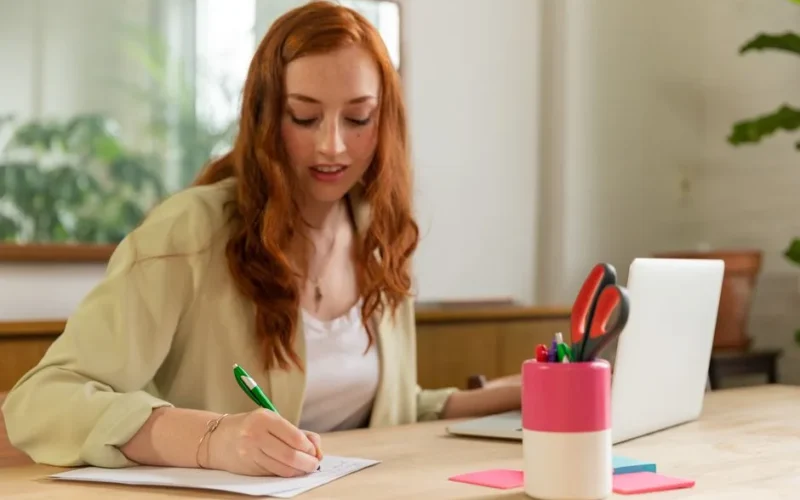 Woman with red hair writing on paper at home office desk with a laptop.