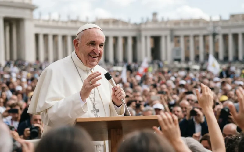 a smiling pope in white robes speaking to a crowd