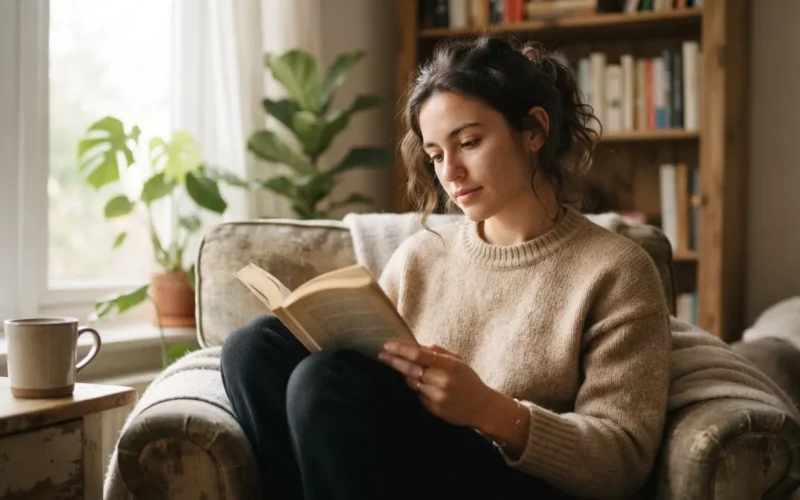 a person reading a book in a cozy setting