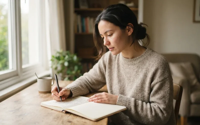 a person sitting in a calm room, writing in a journal