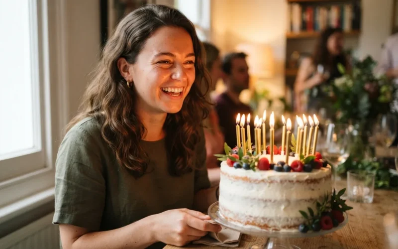 a young woman smiling near a birthday cake with candles