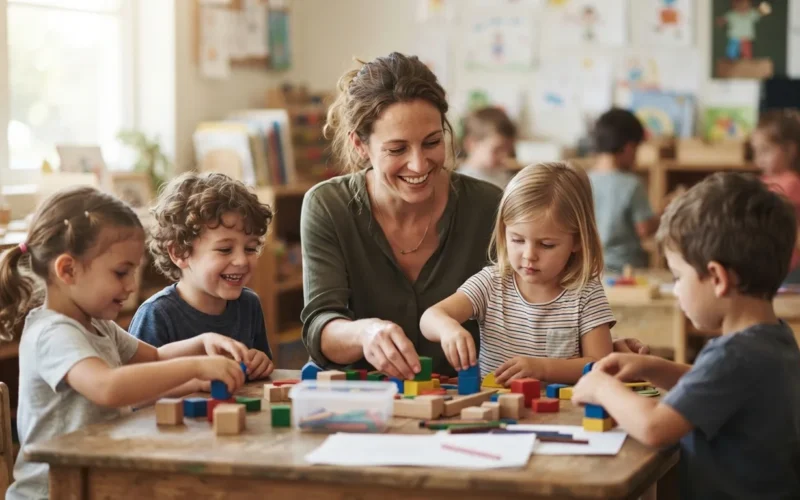 a teacher with young children in a classroom