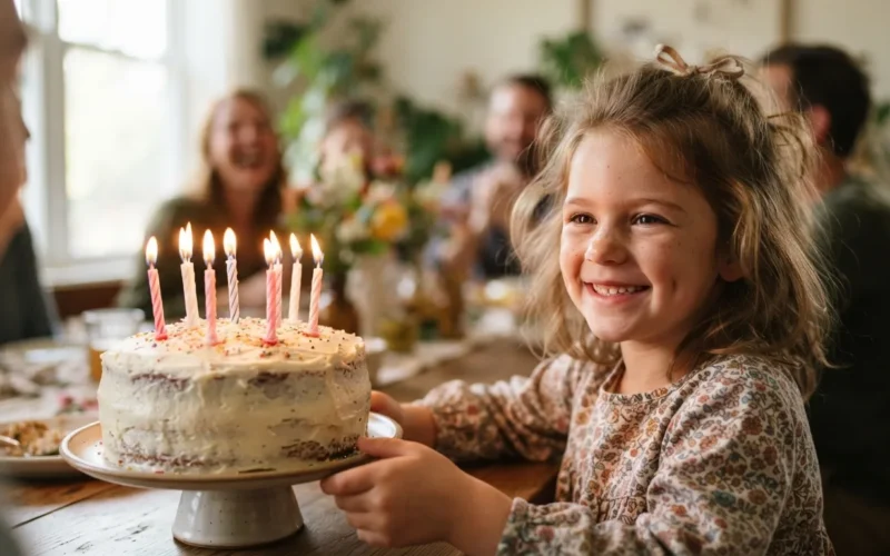 a child smiling next to a birthday cake with candles