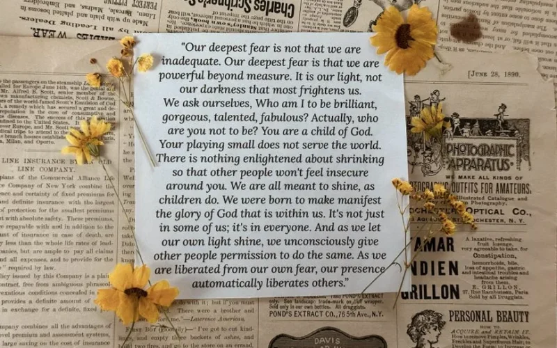 Inspirational quote surrounded by yellow flowers on a vintage newspaper background, evoking nostalgia and motivation.