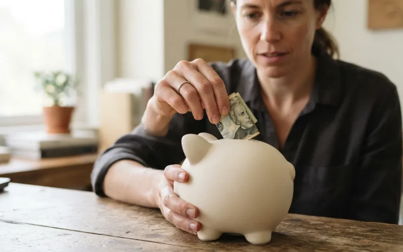 a person putting cash into a piggy bank