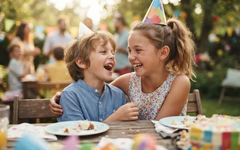 a brother and sister laughing together at a birthday party