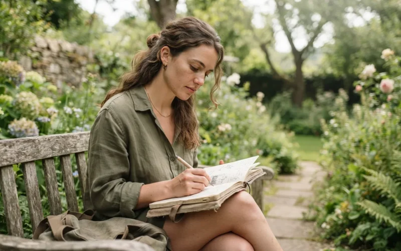 a person sitting with a book or journal in a peaceful outdoor setting
