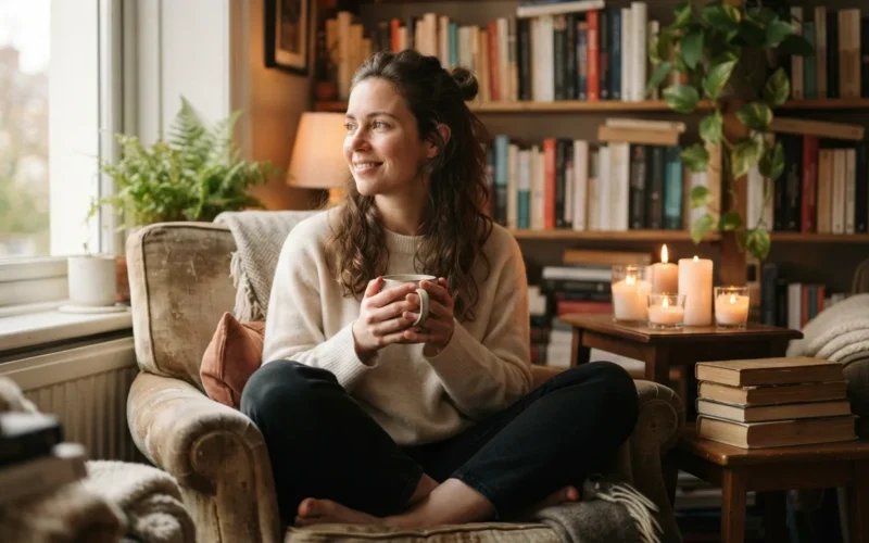 a person sitting in a cozy room with candles and soft lighting